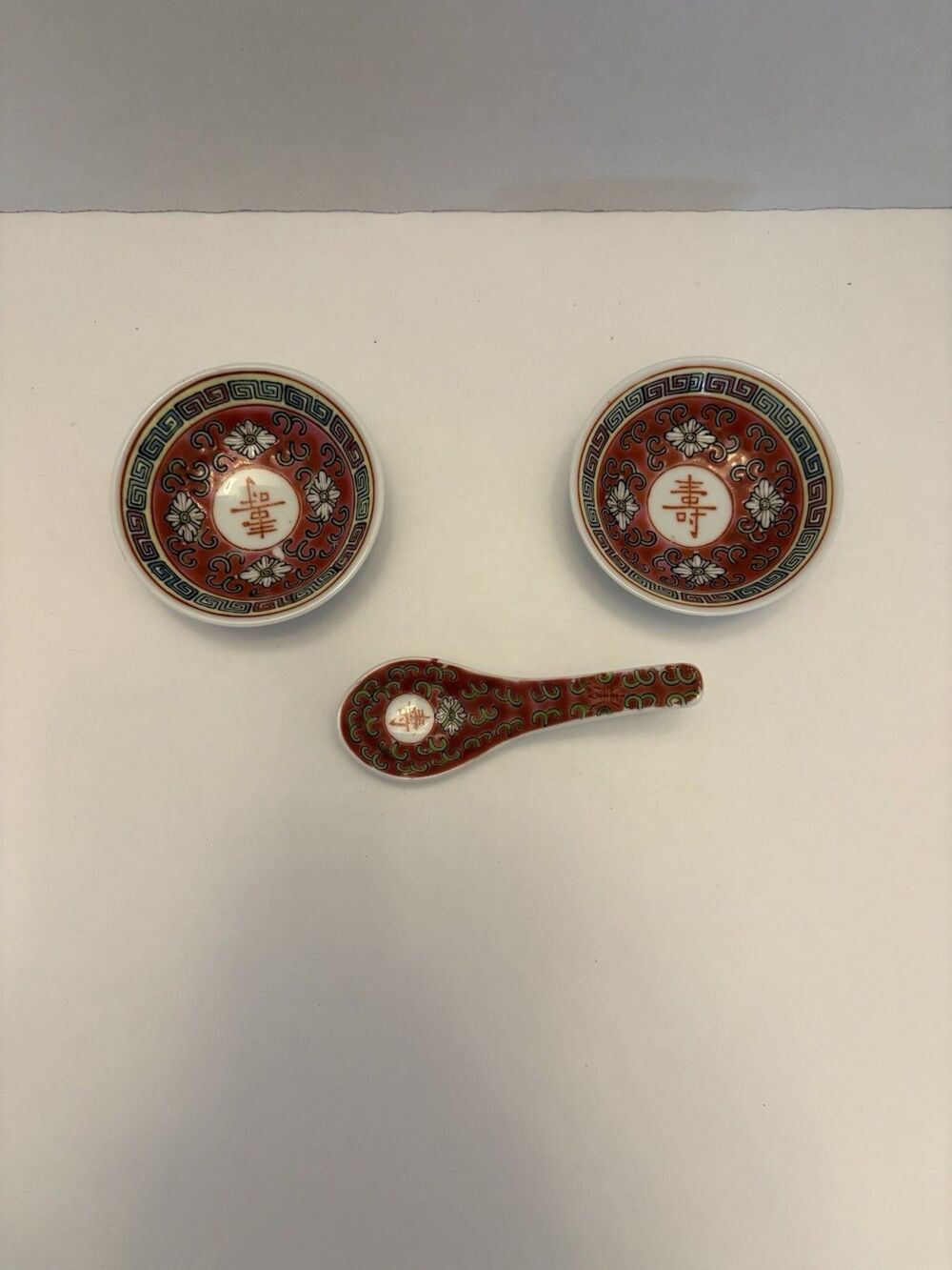 Set of  2 Vintage Chinese Trinket/Sauce Bowls, And Spoon  2 3/4"